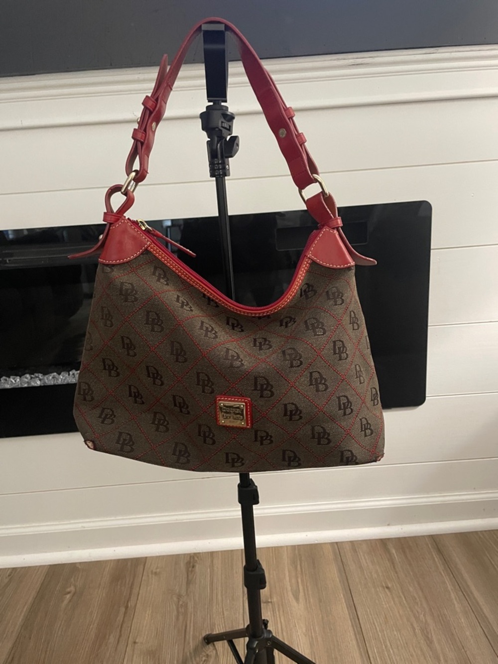 Dooney & Bourke Brown Monogram Shoulder Bag with Red Trim and Strap